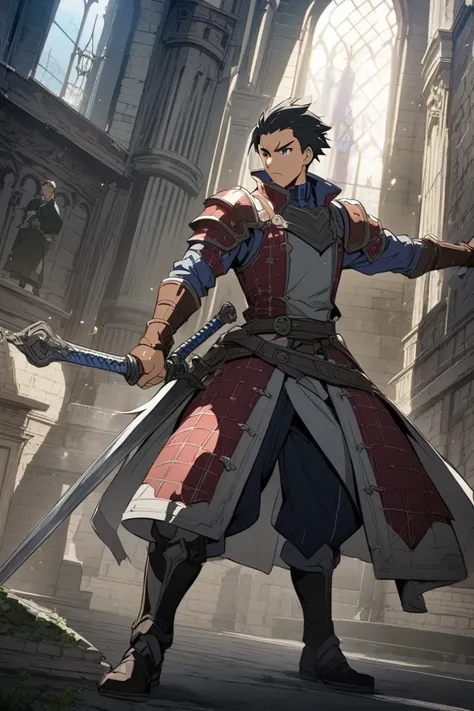 anime man, swordsmanship,  full body, in a beautiful castle.