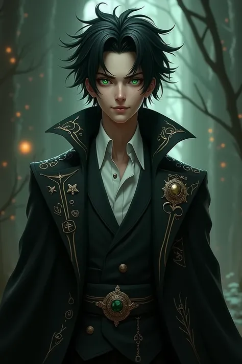 I want a character with green eyes ,black hair with Itachis haircut and and a magicians coat (black) and a thick smile 