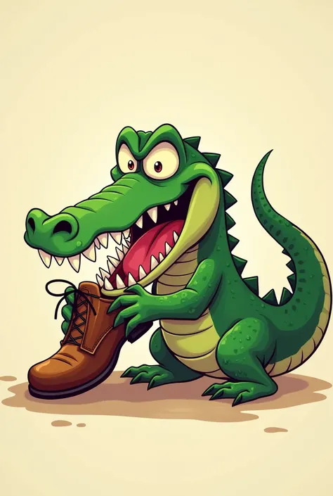 Create me a cartoon of an alligator biting into a shoe 