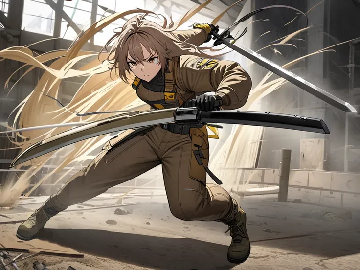 goddess of victory nikke , Full body , messy hair , Light brown hair , Brown eyes , serious , Product 23 , Swordsman , fight , sword.