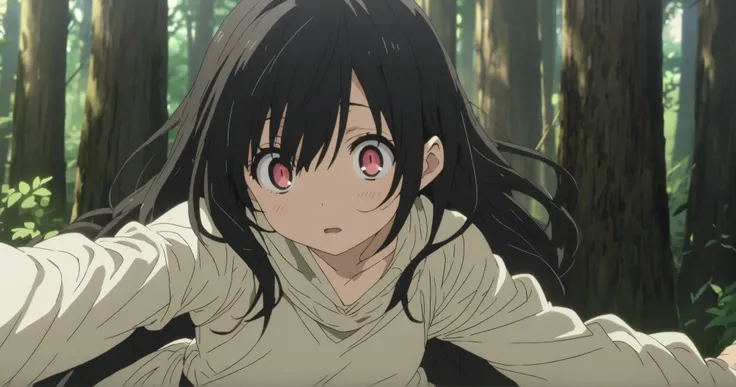 forest　Girl with long black hair　 one eye is hidden　 skirt with open pupils 　 Tattered Clothes　anime