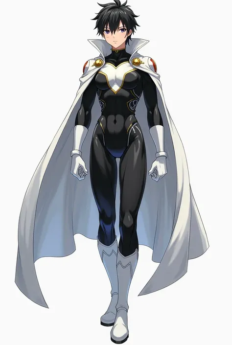 25-years-old anime boy wearing a black bodysuit with white accents, white gloves, white boots, and a white cape.