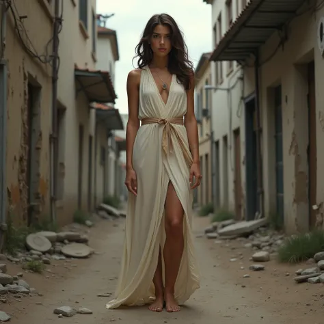 Full body shot, frontview of a latin girl in her 20s in a the urban outskirts. Brown hairy, freckles. Photorealism, detailed feet. Wearing a roman tunic, barefoot