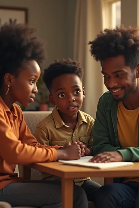 Create an image of a young african boy of 18 telling his discussing with his parents Dad And mom three of them facing the camera sitting down