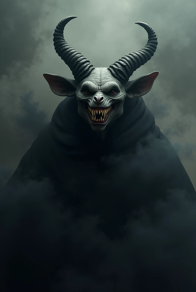 Create a demon. It should have a wide face with a grin with only sharp canine teeth, the chin should be circular that it almost doesnt have a chin. Face should be round. It should only small horns that should not look like goat and ears should be small lik...