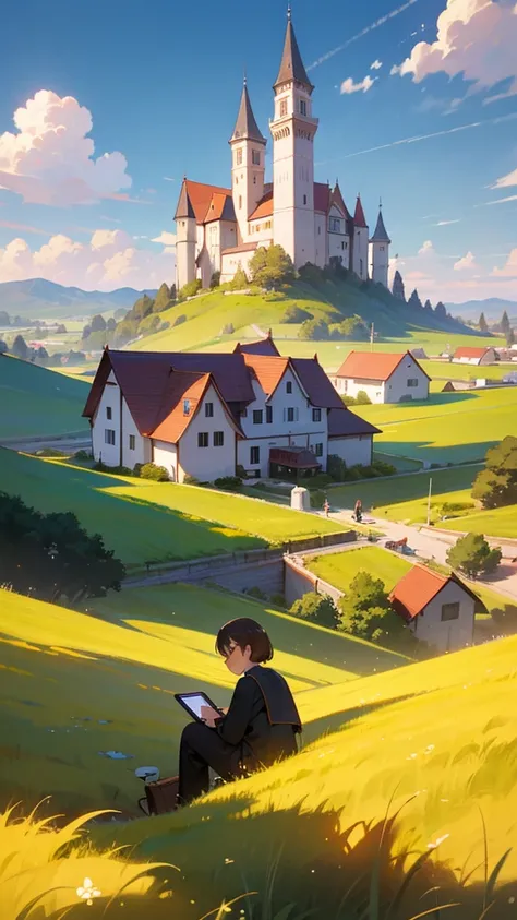 "A wide, panoramic poster showcasing a serene rural village transitioning into the digital age. In the foreground, a villager sits under a large, green tree with a laptop, smiling as wireless frequency effects radiate across the scene. Nearby, a group of v...