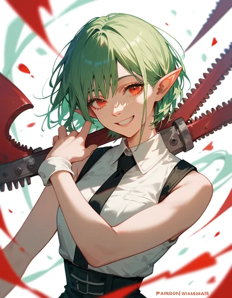 Elf Girl ,Green hair, in red eyes ,Short hair,thin, Sleeveless Waistcoat, in a good mood ,smile, chainsaw art, finger post  