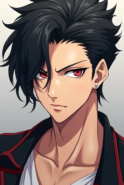 Tall Handsome male anime character with red eye black hair and piercing 