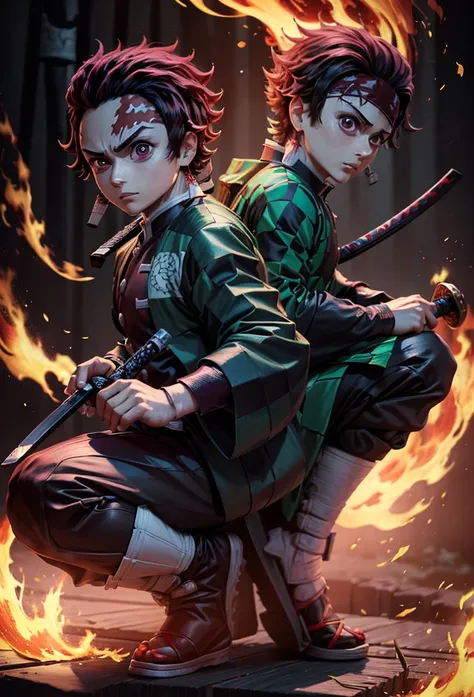 Kamado Tanjiro,(Kimetsu No Yaiba),Full Style,Ultra High Quality,Ultra High Resolution,Photograph 8K,Holding a Katana,One Boy,Ultra Detailed ,Demon Hunter Suit,Hino Kami Kagura Teknik