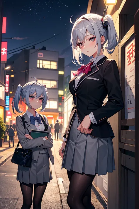 a cute femboy , traps , sexy femboy , short grey pigtail hair , wearing a japan high-school uniform, blazers,  with black pantyhose , h cup breasts, black eye, eye makeup , standing in front of a house at night time