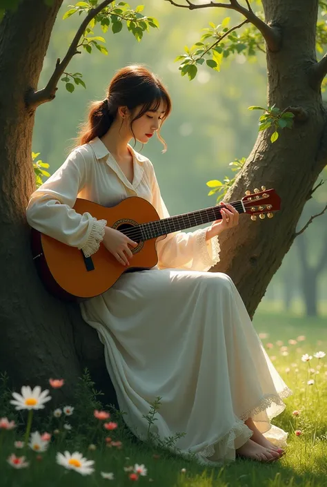 A woman in a long dress sitting on the trunk of a tree playing guitar in spring 