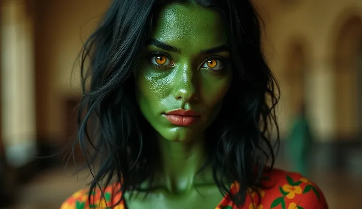 A young woman with medium-length black hair with green skin with soft waves and volume,. with yellow snake eyes. She has large, expressive yellow snake eyes, defined eyebrows and Wearing a floral-print dress in bright shades of red, orange and green, inclu...