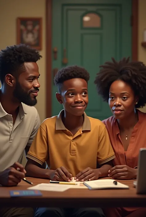 Create an image of a young african boy of 18 telling his parents Dad And mom that he will be traveling to the city three of them facing the camera sitting down 