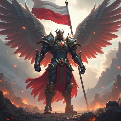 husaria warrior in mask with wings and flag of Poland as videogame boss