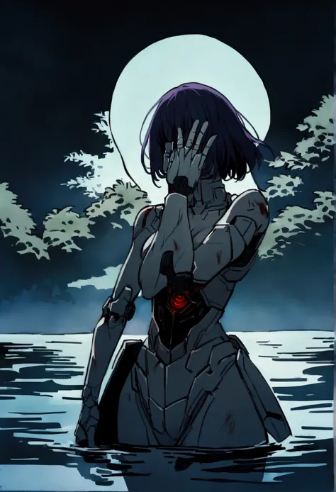 Ghost in the shell, Motoko Kusanagi (iconic cyborg, extreme battle damage, covering of right side of face ripped off, right arm busted gone below elbow) she is staring ay herself from the shore of a tranquil lake, Tokyo
