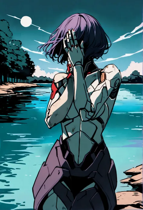 Ghost in the shell, Motoko Kusanagi (iconic cyborg, extreme battle damage, covering of right side of face ripped off, right arm busted gone below elbow) she is staring ay herself from the shore of a tranquil lake, Tokyo
