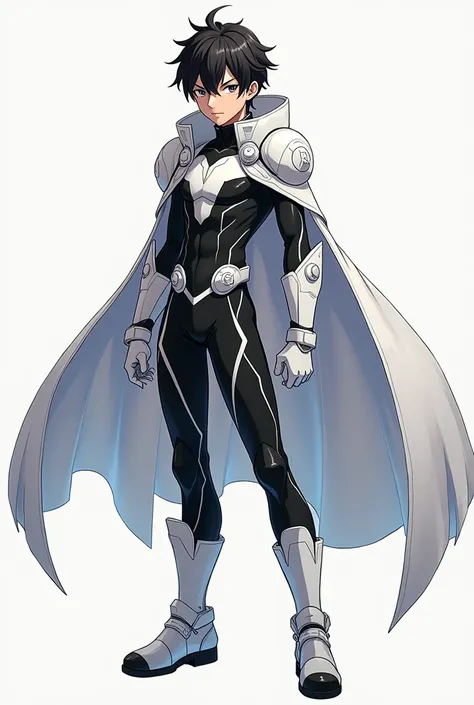 25-years-old anime boy wearing a black bodysuit with white accents, white gloves, white boots, and a white cape, armored paddings on his torso, armored arm guards, and armored shoulder guards