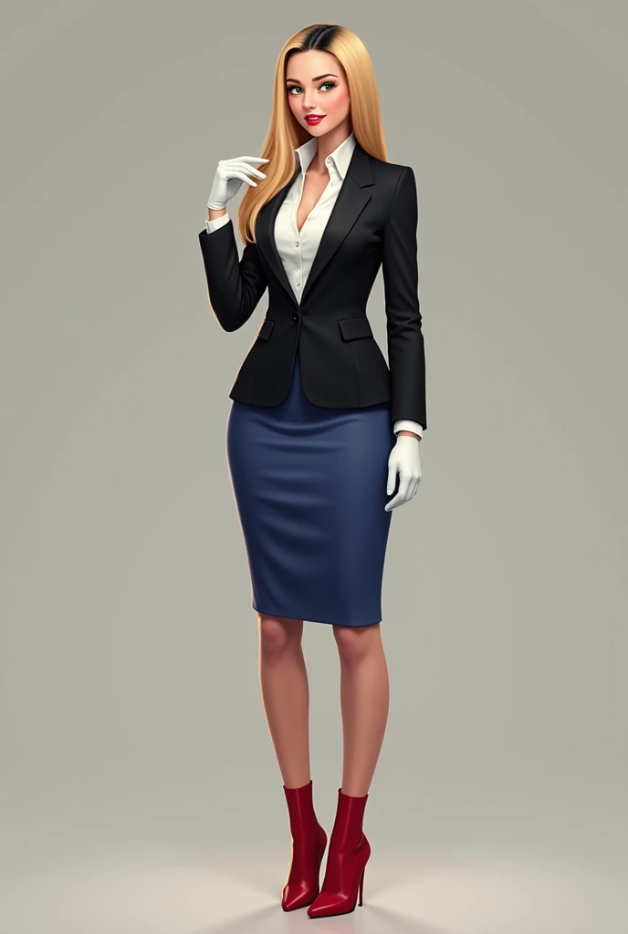  mason , back,  smiles,  long blond hair and green eyes, black cropvertex, vertex, blazer,  blue pencil skirt ,  red boots ,  white gloves,  High heeled boots 