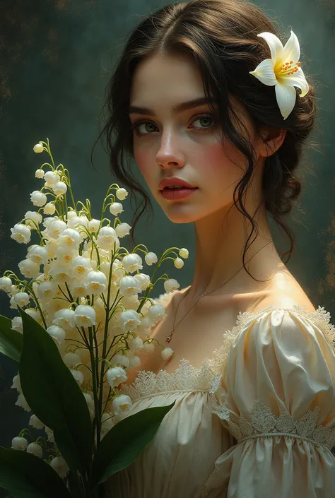 Portrait of a beautiful European woman with a bouquet of lilies of the valley, fantastic background, high contrast, sharpness, sharp focus, splashes of alcohol ink, warm glow, super realistic, super detailed in 64 KB, divine proportions, complex, cinematic...