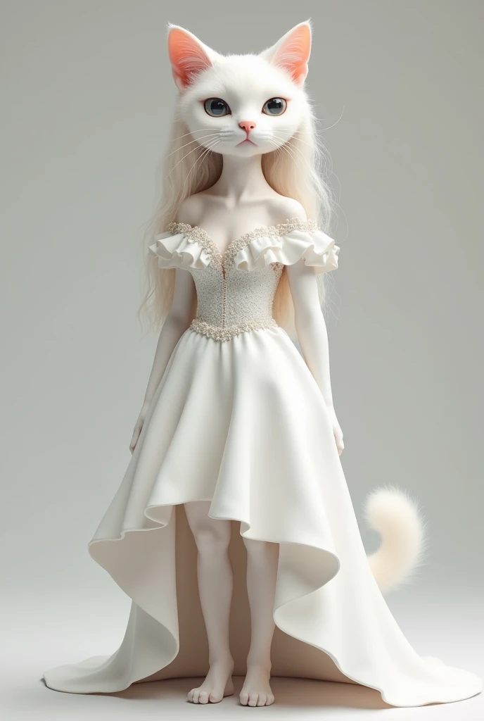 A white cat in a trendy, high-low wedding dress with a flowing, layered skirt and a chic, off-the-shoulder neckline.Standing like human girls, slim, tall, have long head hairs like human girls