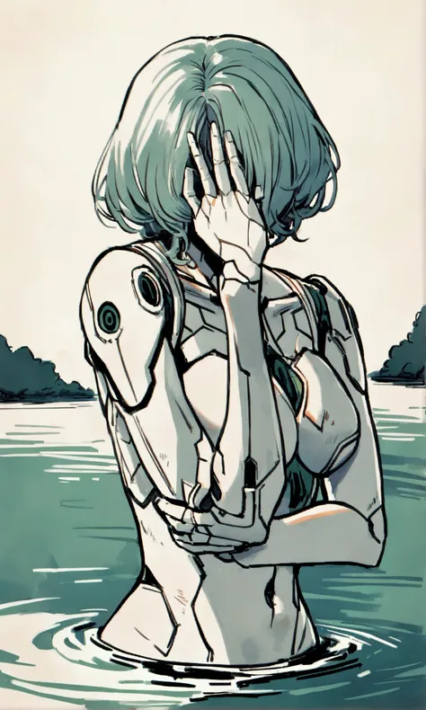 Ghost in the shell, Motoko Kusanagi (iconic cyborg with segmented very human looking outer skin layer, extreme battle damage, covering of right side of face ripped off, right arm busted gone below elbow) she is staring ay herself from the shore of a tranqu...