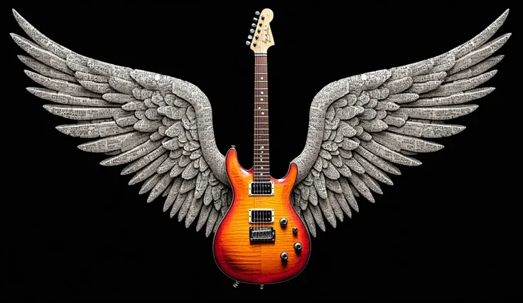 An artistic representation of a electric guitar with angelic wings And With words in Background "Working All for Me",composed entirely of stylized words and phrases. The guitar body features a warm gradient with shades of orange, yellow, and red, while the...