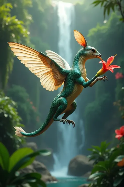 Hybrid Prompt:
"A mesmerizing Rabbit -eagle hybrid hovering mid-air in a lush jungle. The creature has a serpent-like body with shimmering scales that transition into delicate, iridescent wings beating rapidly. Its head resembles a snake with vibrant hummi...