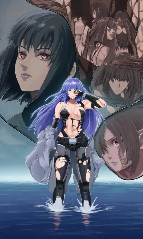 Ghost in the shell, Motoko Kusanagi (iconic cyborg with segmented very human looking outer skin layer, extreme battle damage, covering of right side of face ripped off, right arm busted gone below elbow) she is staring ay herself from the shore of a tranqu...