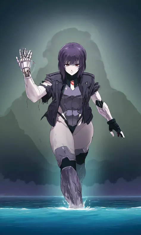 Ghost in the shell, Motoko Kusanagi (iconic cyborg with segmented very human looking outer skin layer, extreme battle damage, covering of right side of face ripped off, right arm busted gone below elbow) she is staring ay herself from the shore of a tranqu...