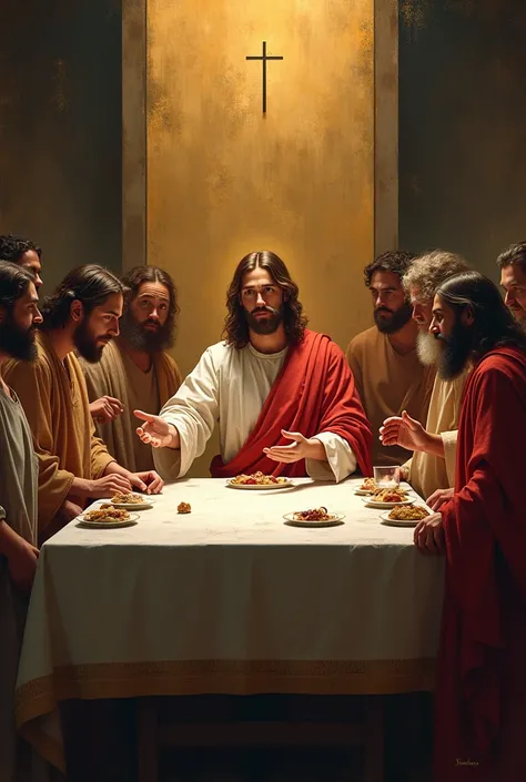 Jesuss Supper with all the speeches in a rectangular shape with a gold background