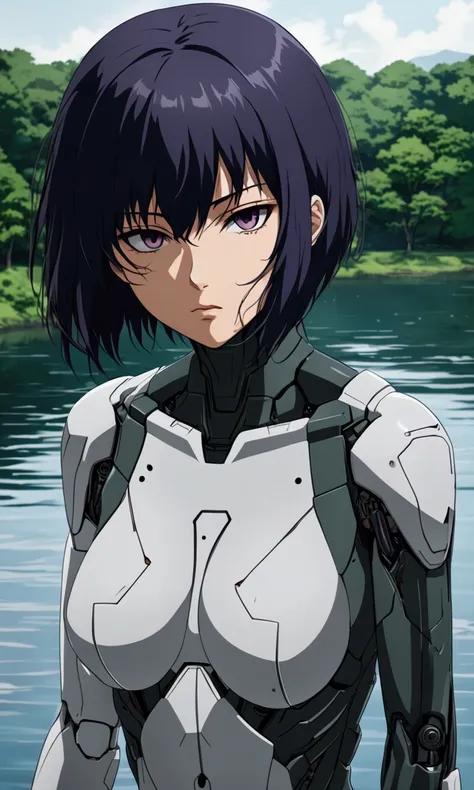 Ghost in the shell, Motoko Kusanagi (iconic cyborg with segmented very human looking outer skin layer, extreme battle damage, covering of right side of face ripped off, right arm busted gone below elbow) she is staring ay herself from the shore of a tranqu...