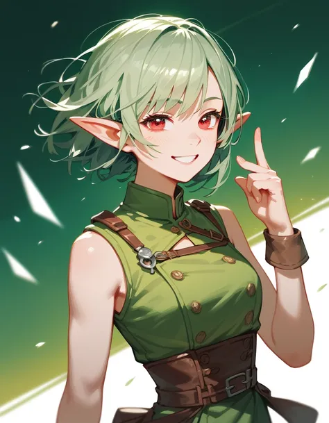 Elf Girl ,Green hair, in red eyes ,Short hair,thin, sleeveless waistcoat, in a good mood ,smile, chainsawman art,two finger post  