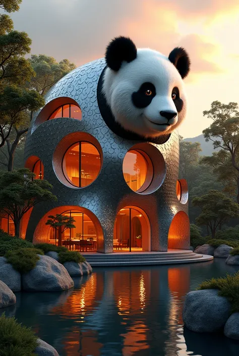 A futuristic mansion with architecture inspired by an ornate panda design, featuring intricate metallic patterns and glowing orange lights that illuminate the structure. The mansion is surrounded by lush greenery and a tranquil reflective water body, creat...