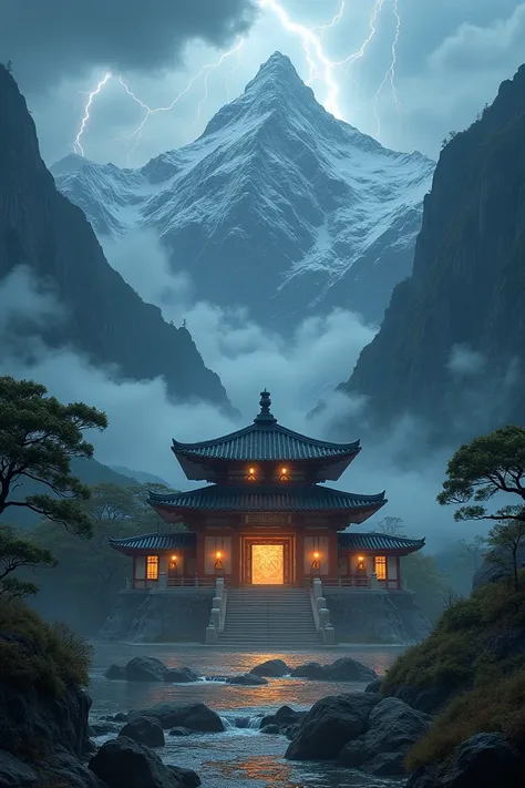 Dramatic epic picture with thunder and lightening showcasing a mystical dojo surrounded by mountains