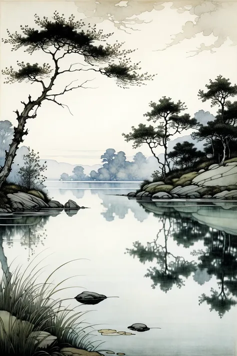 Tranquil Lake, Minimalism. by Arthur Rackham.
best quality, masterpiece, intricate details, ultra-detailed