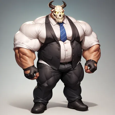 a big giant man with musclegut tall body and big fat belly using black vest suit with white shirt, tie, black pants, black gloves, and skull mask that cover the face. full body, standing still, solo, very big body, very tall, very muscular, very fat, big g...