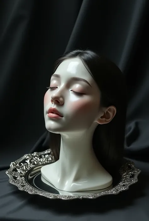 Create a surreal and elegant image of a disembodied head of a beautiful real woman resting on an ornate silver platter. Her features are soft and serene, with smooth, porcelain skin that glows gently in the dim light. Her eyes are closed, conveying a peace...