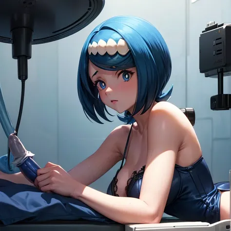     woman lying on her back on an operating table　 (((    a woman has a penis between her legs     )))     blue hair 　 Machine shaped like the upper body of a 　Legs open 　Black lace outfit 　Im shaving my blue pubic hair　 shirtless