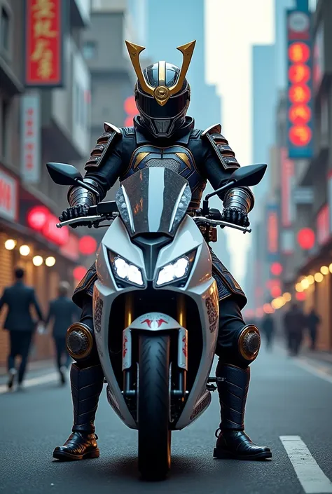 A Samurai power ranger riding a White Suzuki Burgman Street 125 Motorcycle 
