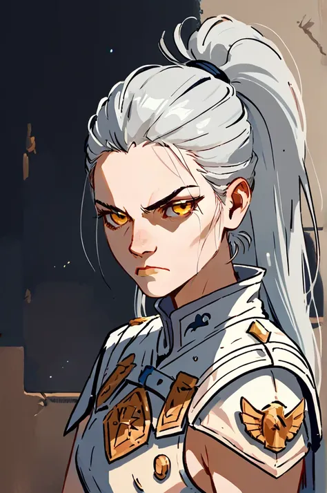  Command, masterpieces ,ultra Hugh,1 girl, _face,Fine skin,,Body Guard Set,Silver hair,Ponytail,Look at the camera,Golden Eye ,Long hair, serious,, Hair tie,  Side Corner, 