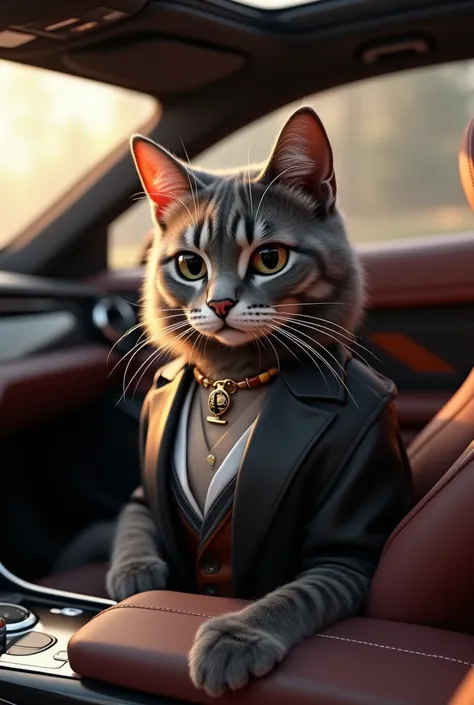 A very beautiful cat in well dressed 
3d animation purchased motor car 