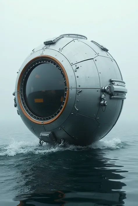  A mechanical round ship made of metal partially submerges into water, waves come from it .