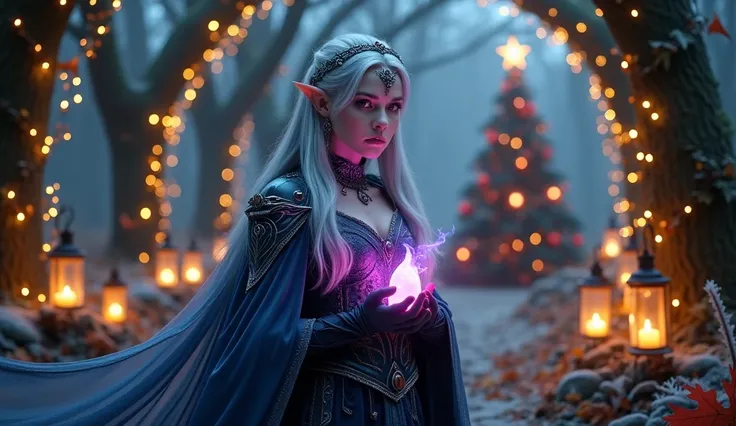 A cinematic scene with hyperrealistic rendering, framed in a medium shot (American shot). A dark elven queen stands in an enchanted forest, illuminated by starlight filtering through the trees. Her silver hair, with reddish highlights like autumn leaves, c...