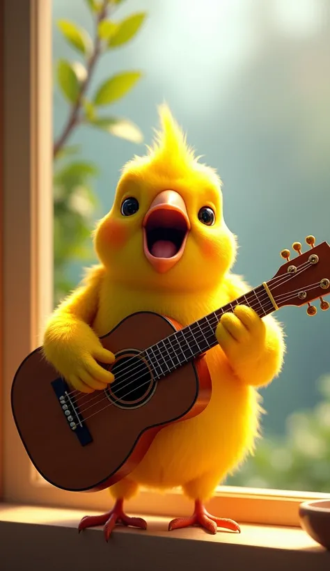 Create a highly realistic image of a vibrant yellow canary with finely detailed feathers and lifelike textures. The canary is perched on a small wooden stand in front of a sunlit window. It is singing passionately, with its beak open wide, and is strumming...