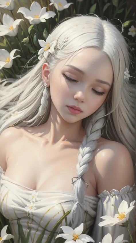  (oil painting:1.5),

a woman with long white hair and white flowers in her hair is laying down in a field of white flowers, (amy sol:0.248), (stanley artgerm lau:0.106), (a detailed painting:0.353), (gothic art:0.106)