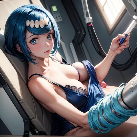     woman lying on her back on an operating table　 (((    a woman has a penis between her legs     )))     blue hair 　 Machine shaped like the upper body of a 　Legs open 　Black lace outfit 　Im shaving my blue pubic hair　 shirtless