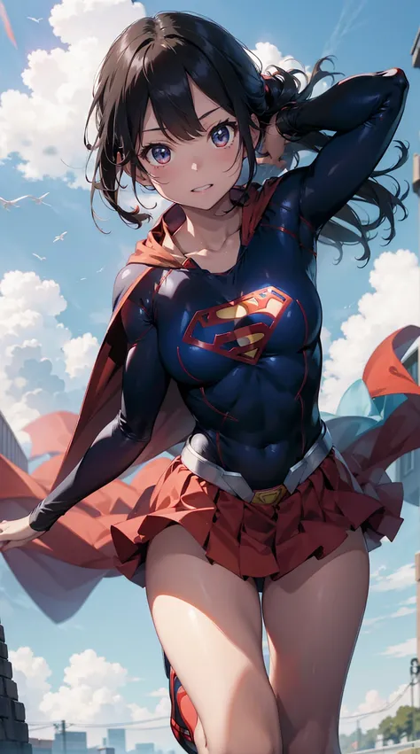 Supergirl stands on the ground，A long and wide red cape flutters in the wind，Short black hair，is shy，Full body in camera，There is an S-shaped Superman logo on the chest。