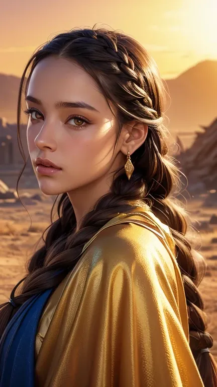 fantasy art closeup body portrait a young  woman with light brown skin amber eyes long dark brown braided hair, wearing a blue and gold  robe standing in a ruined desert temple, wearing no earrings, realistic digital art with golden hour lighting