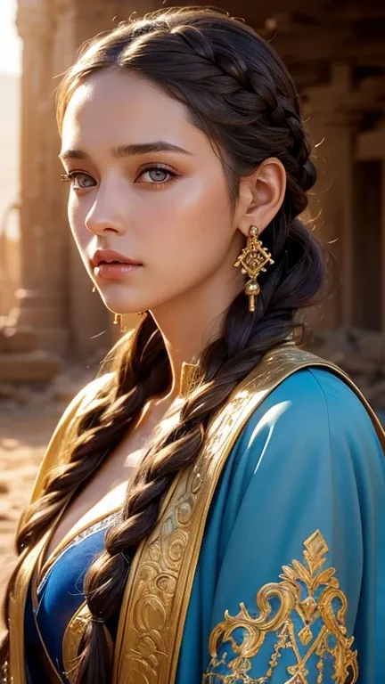 fantasy art closeup body portrait a young  woman with light brown skin amber eyes long dark brown braided hair, wearing a blue and gold  robe standing in a ruined desert temple, wearing no earrings, realistic digital art with golden hour lighting