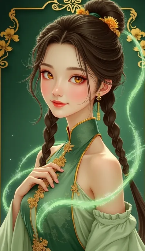  Make me an antique chinese poster.  in the picture is a girl of age , love , optimistic, naughty .  Girls name is first love .  Magical power is a green spirit stream. Light brown hair, mắt Yellow đồng.  Loose hair to the waist ,  braids on both sides .  ...